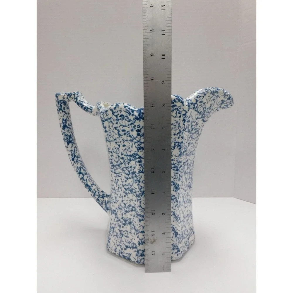 Vtg McCoy Blue and White Sponge Splatter ware Ceramic Pitcher Scalloped Edge DW8